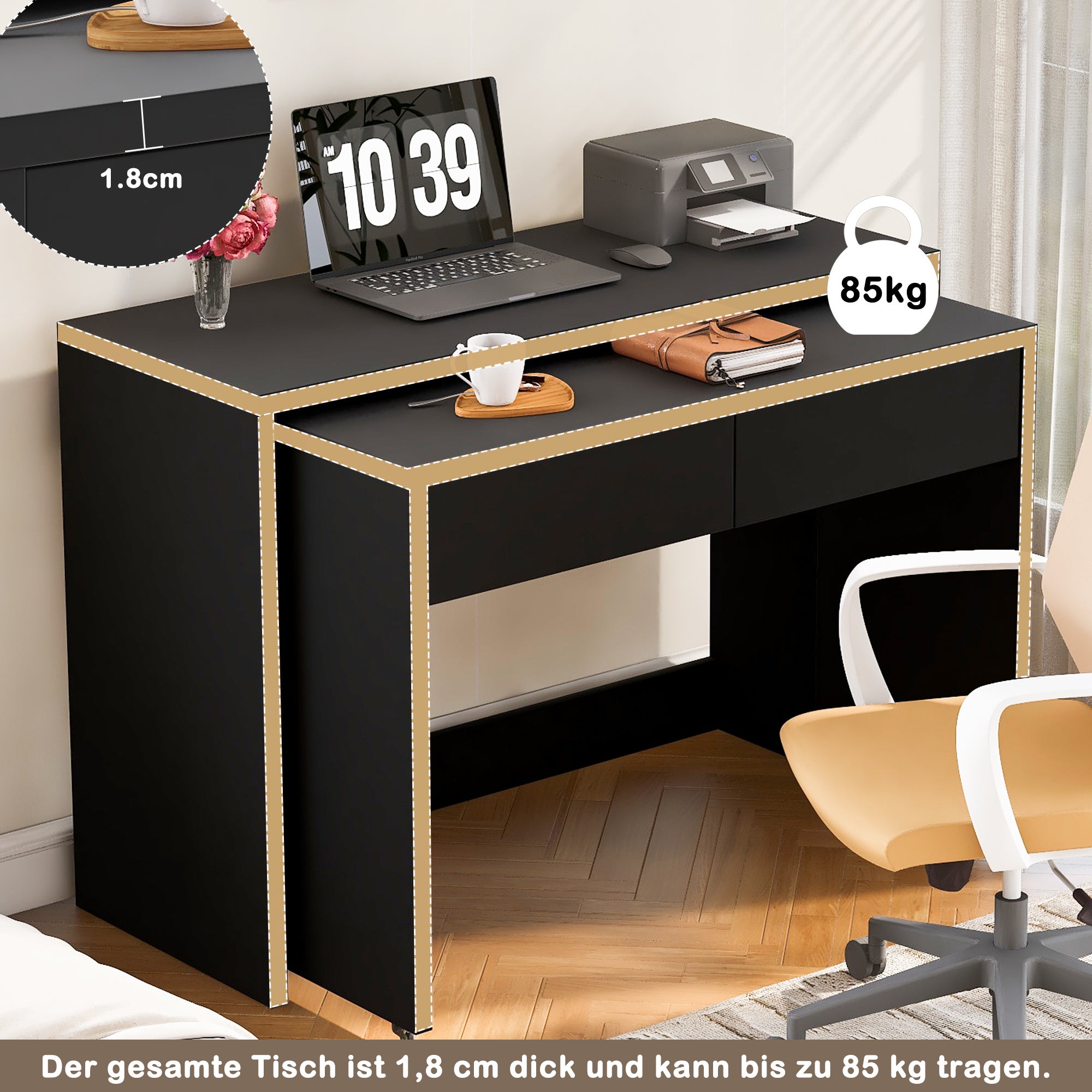 Bureau extensible 110x40x78 cm, bureau gigogne avec roulettes et 2 tiroirs, noir - 6