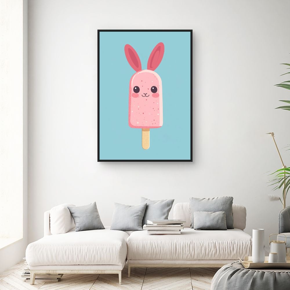 Tableau imprimé et encadré pour enfants 'Crème glacée lapin' / 100x140cm / Cadre Noir / Fabriqué en France / Toile murale / DADA ART - 2