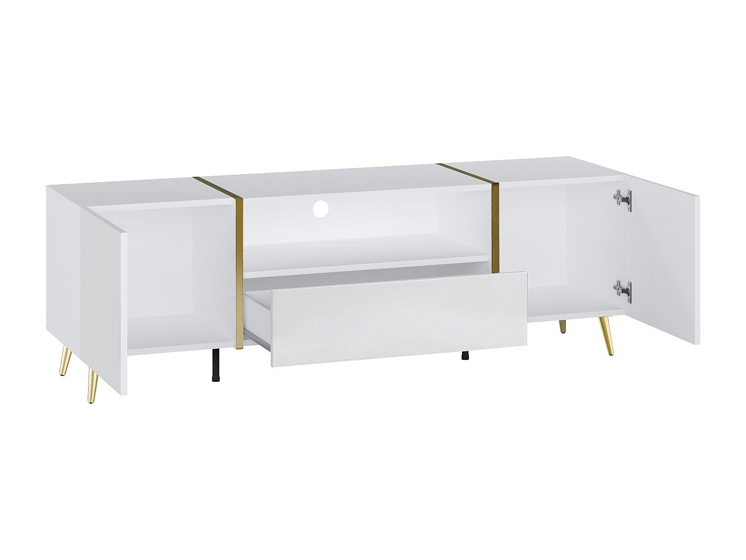 Móvel de TV com 2 portas, 1 gaveta e 1 nicho branco brilhante e dourado - MARZIALO - 4