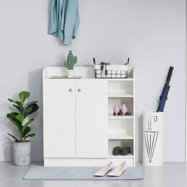 Biała półka na buty 83x30x90 cm z 2 drzwiami, 4 otwartymi półkami, nowoczesna kompaktowa przestrzeń do przechowywania