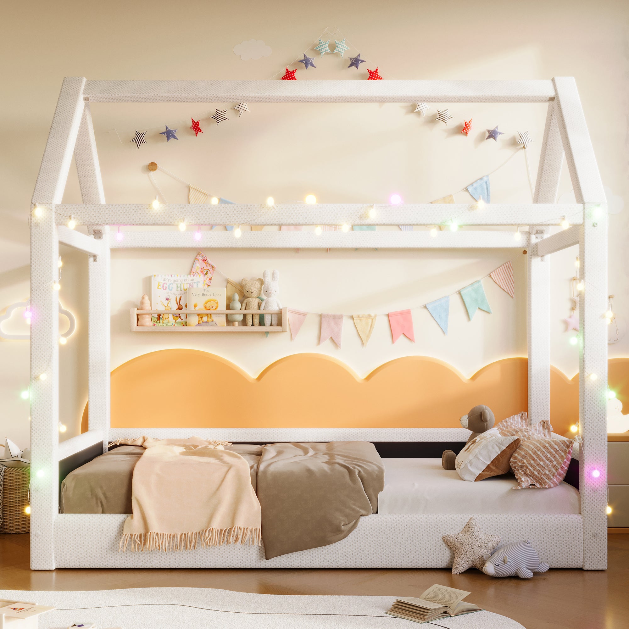 Łóżko domek 90x200cm - z listwą LED - Design dachu - MDF - Beżowy (materac nie jest wliczony w cenę) - 3