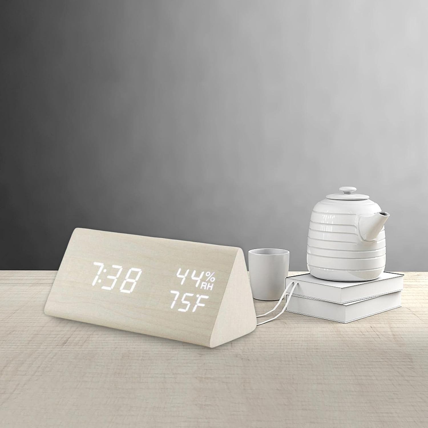 Réveil électronique LED en bois avec affichage de l'humidité, idéal comme cadeau de chevet ou de bureau - Blanc - 3