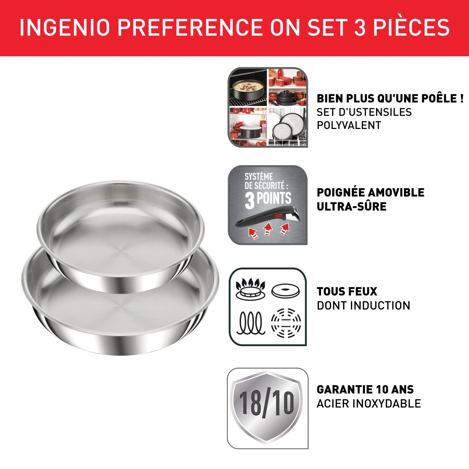 Tefal Ingenio Preference On - Set di 2 padelle 22/26 cm + 3 casseruole 16/18/20 cm + 2 manici estraibili + 7 accessori, adatto a induzione, antiaderen | Leroy Merlin