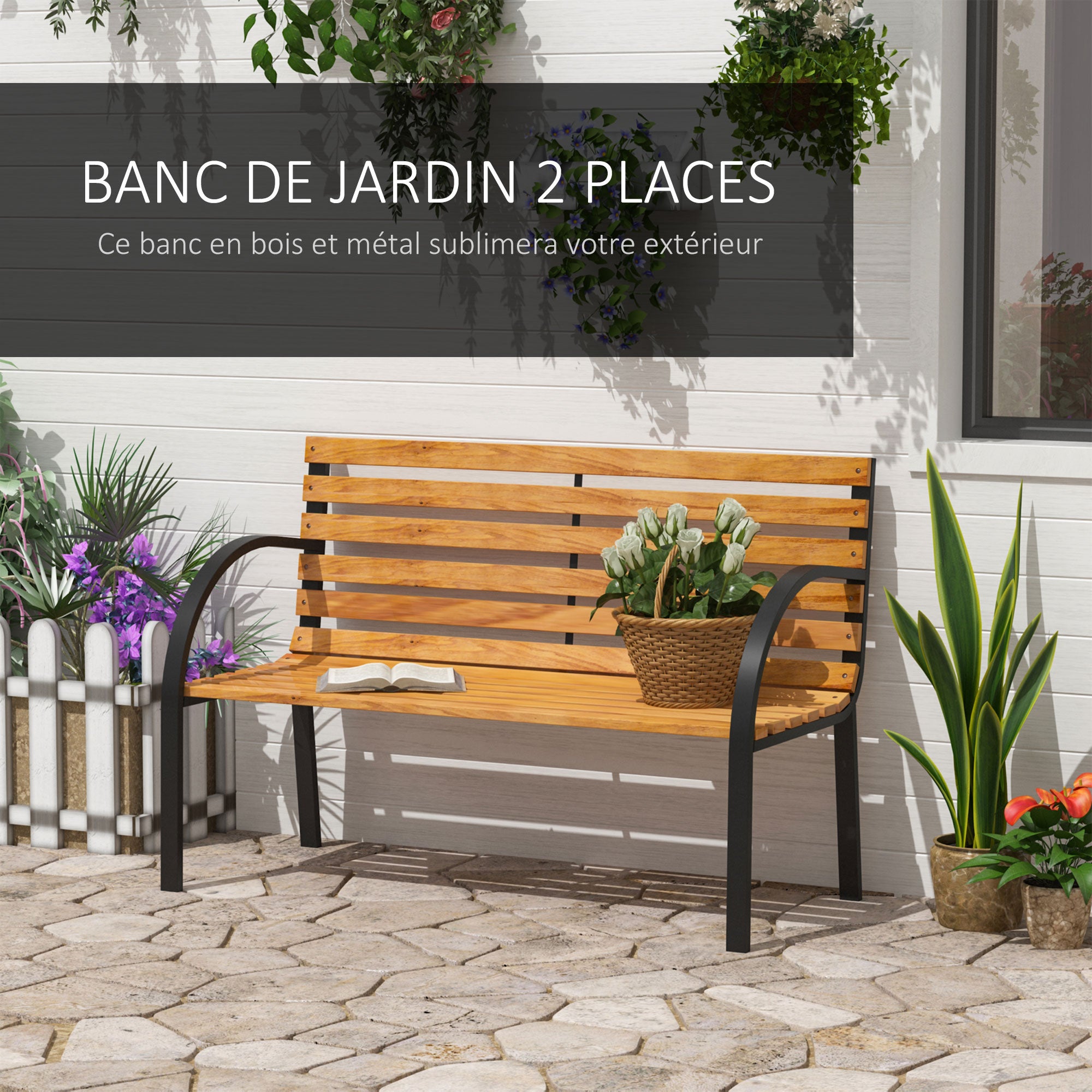Banc de jardin 2 places style rural chic acier époxy bois lasuré - 5