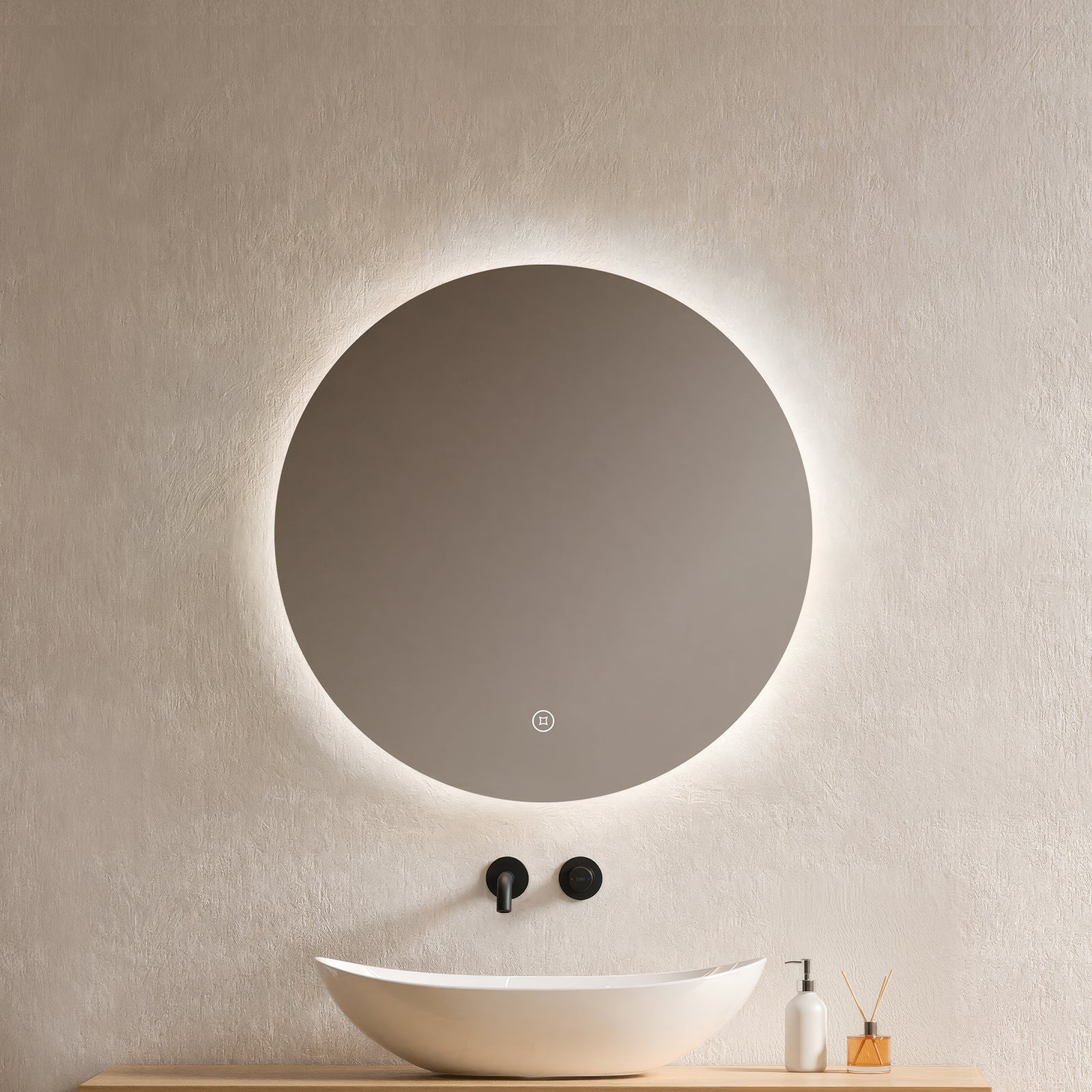 EMKE Okrągłe Lustro łazienkowe z oświetleniem LED 60 cm, z 6500K, możliwość ściemniania, funkcja pamięci, przełącznik dotykowy, IP44