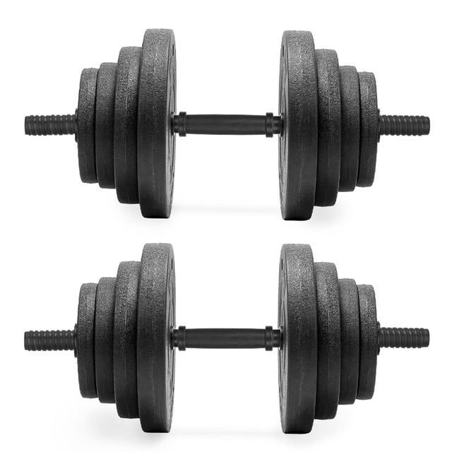 Hantles de 30 kg para treinamento de força. O conjunto contém 2 halteres de 15 kg cada.