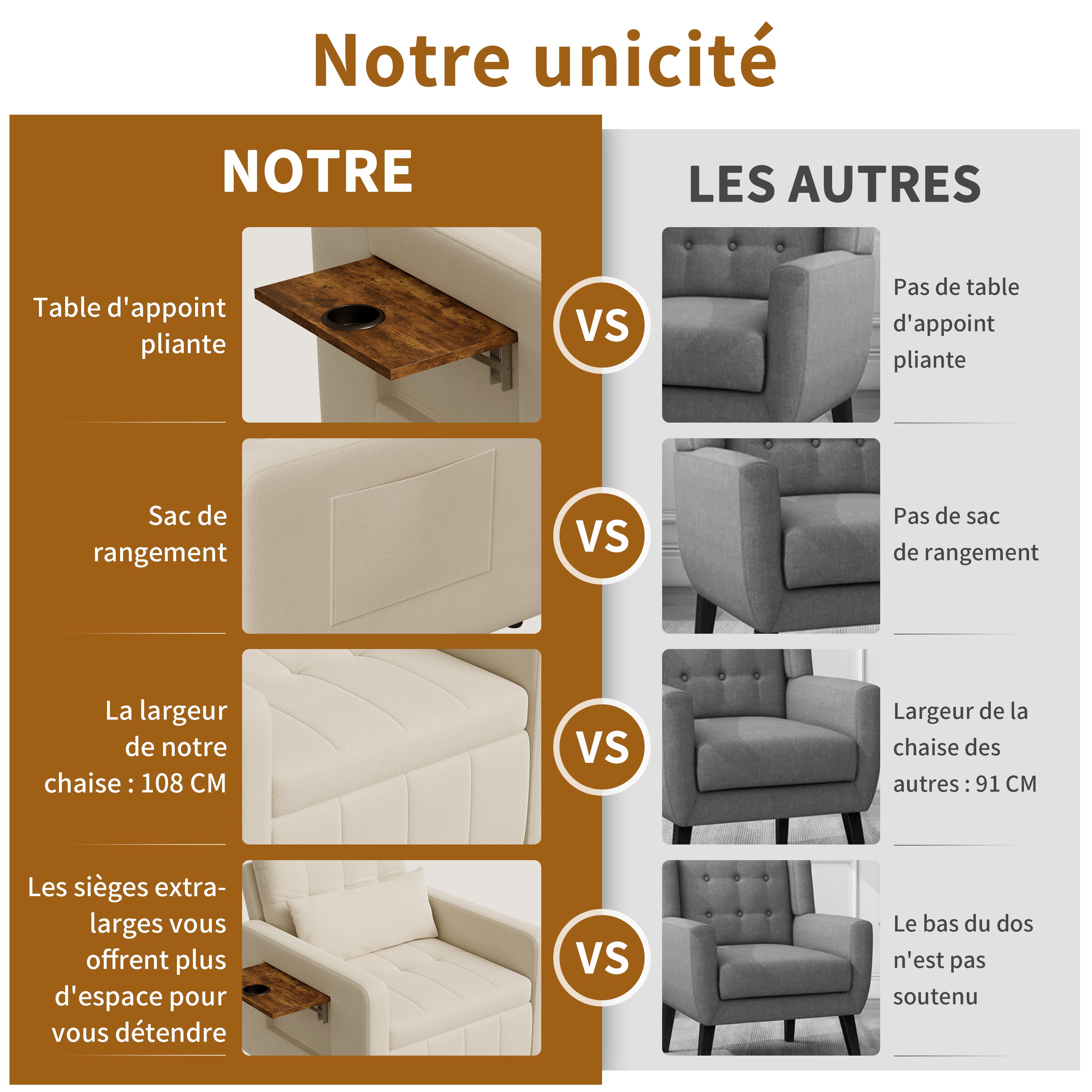 Canapé-lit 1 place pliant - fauteuil - dossier réglable, avec table d'appoint rabattable et poches latérales, tissu chenille - beige - 5
