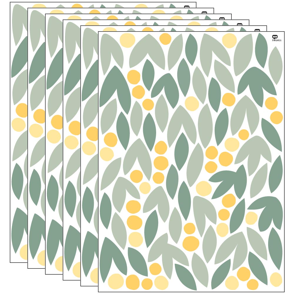 Adhesivo decorativo hojas margarita verde y amarillo 6 laminas = 582 piezas