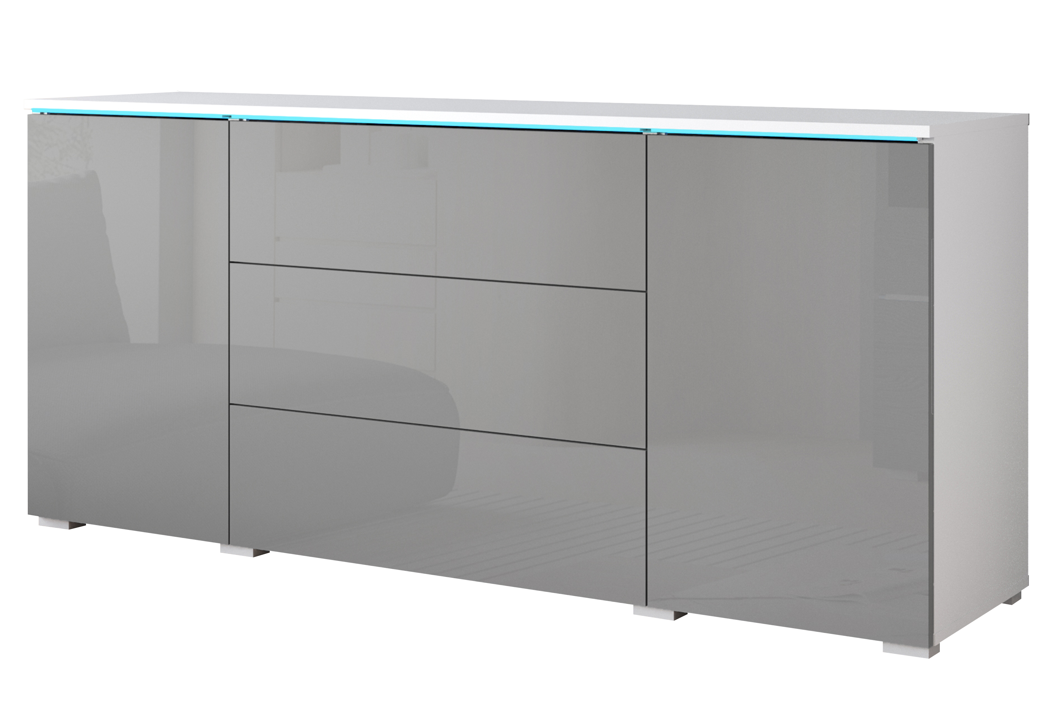Komoda VEVE 150 cm w kolorze biały/szary połysk z oświetleniem LED