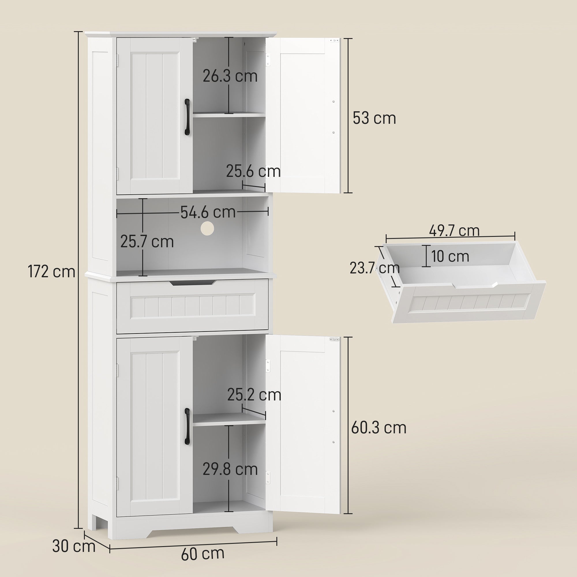 Buffet de cuisine haut, meuble de rangement avec gestion des câbles et support pour micro-ondes, meuble de cuisine à 2 portes, 60 x 30 x 172 cm, blanc - 4