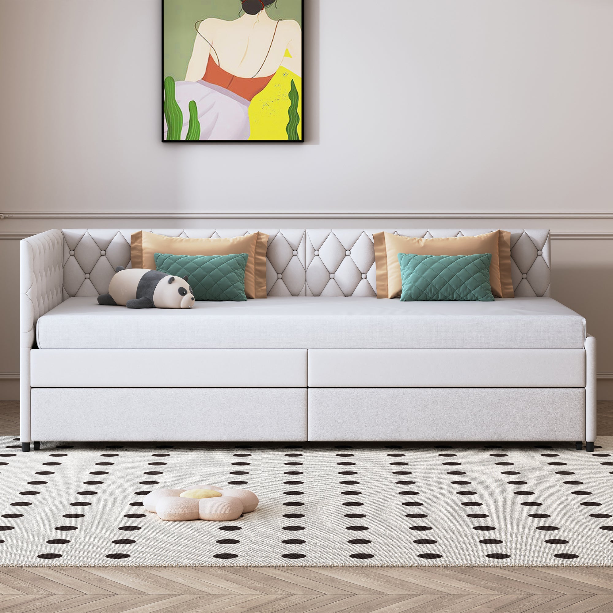 Canapé convertible, 90/180x200 cm, canapé-lit deux places, tissu velours, Lit gigogne à roulettes, Dossier rembourré, Support à lattes, Beige - 3