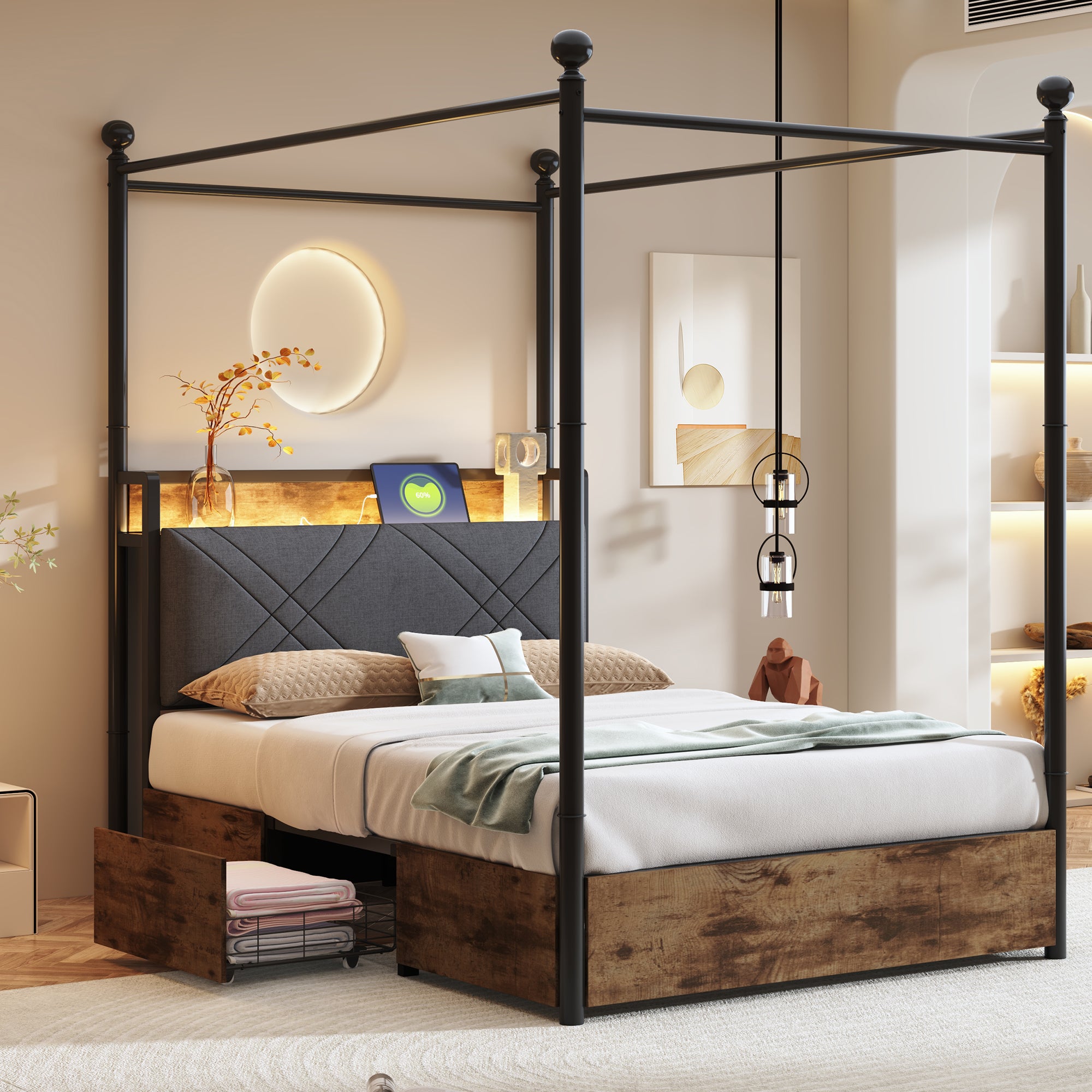 Łóżko z baldachimem 90 x 190 cm z 2 szufladami i USB/Typ-C - Żelazo + sklejka + MDF - Diody LED - Czarne i drewniane (bez materaca)