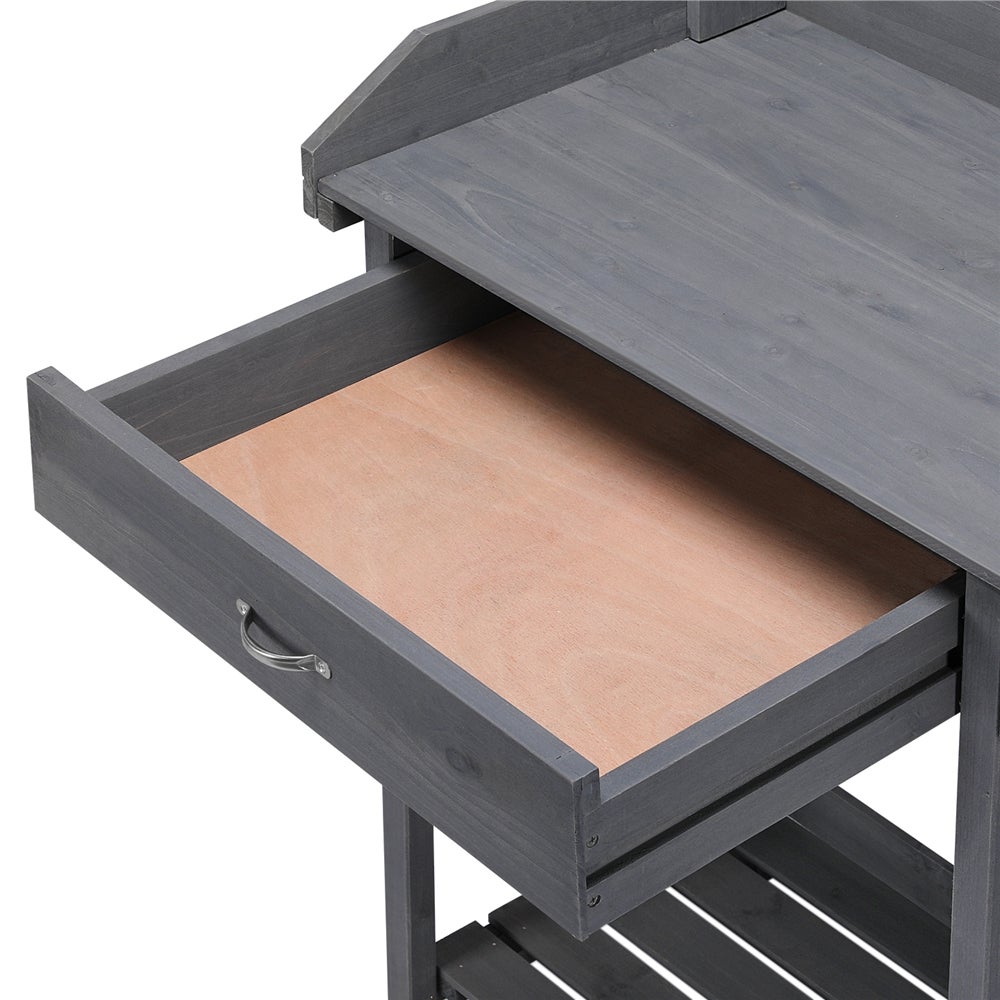 Table de Jardinage en Bois avec Évier Amovible, Tiroir, Crochets et Étagères de Rangement, Gris Yaheetech - 6