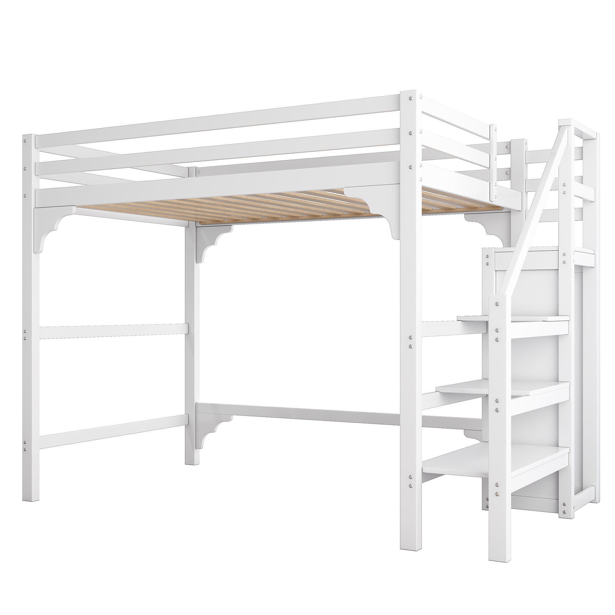 Lit mezzanine 140x200 cm, lit ados avec marches, armoire, blanc, sans matelas - 6