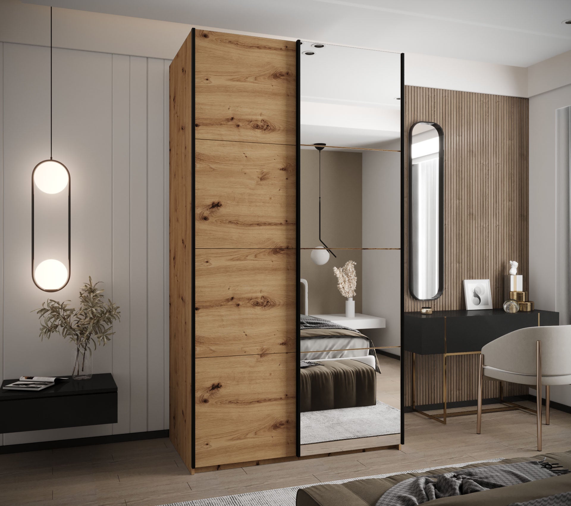 Szafa przesuwna wysoka Lux 3 130 x 64 x 245,5 cm artisan + artisan + u. czarny - Abiks Meble - 2