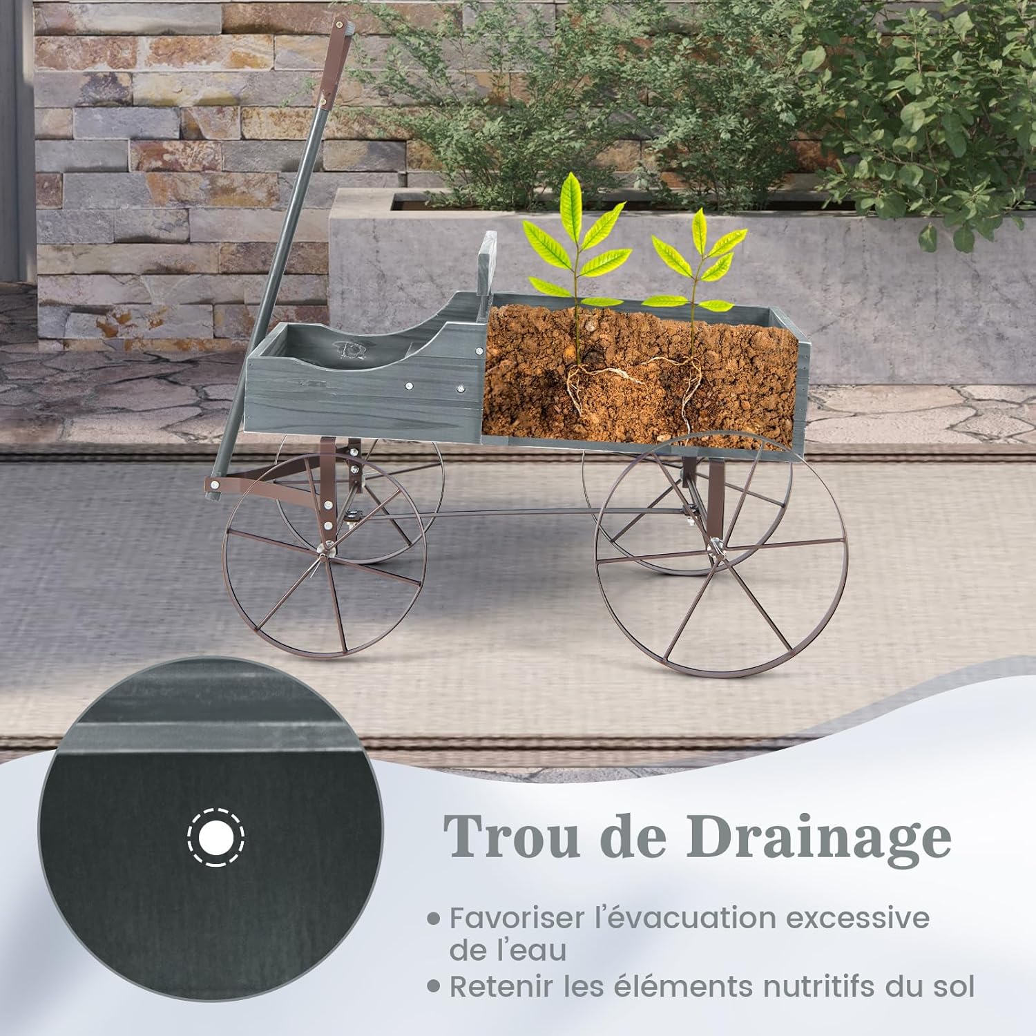 Brouette Décorative en Bois avec 2 Compartiments à Planter Roues Métalliques et Poignée à l'avant Charge 15kg pour Cour Jardin Véranda (Gris) - 8