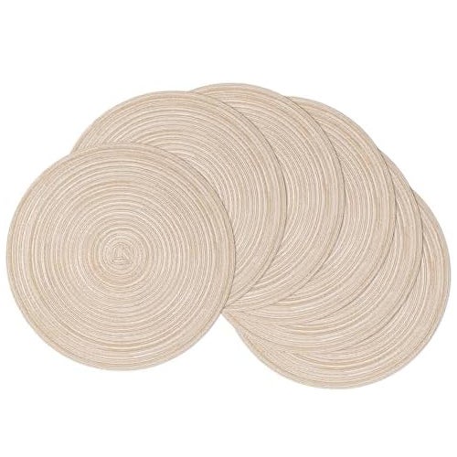 Zestaw 6 okrągłych, zmywalnych beżowych podkładek pod talerze, plecione, 38 x 38 cm