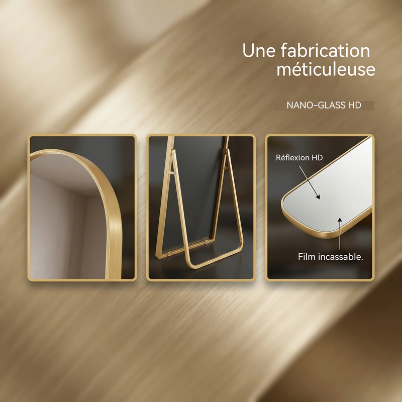 KEFSR Miroir sur Pied Arqué 162 x 53cm,Miroir Mural avec Support,Cadre en Alliage d’Aluminium,Verre Trempé,Grand Miroir pour Chambre,Salon(Doré) - 6