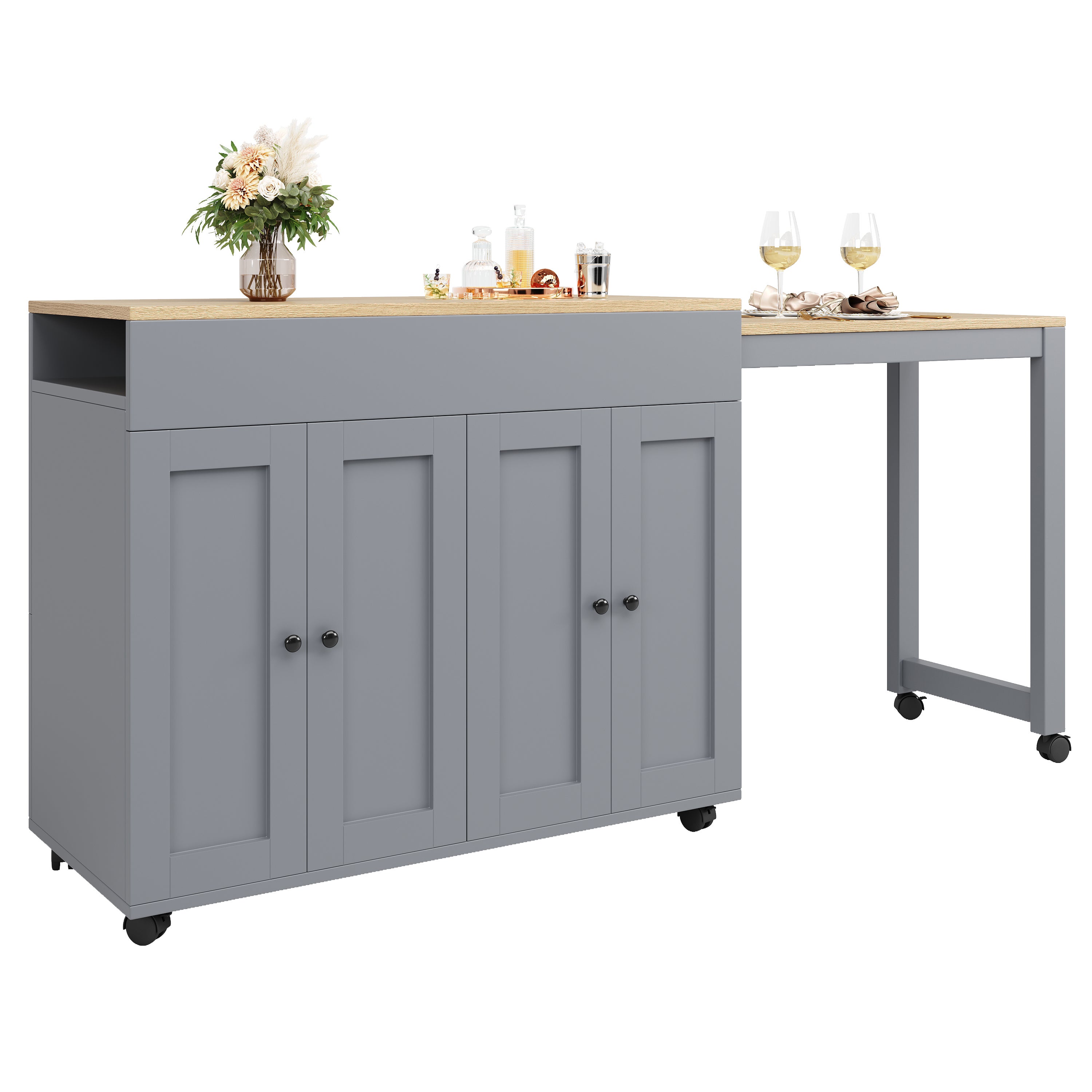 Wyspa kuchenna z rozkładanym stołem jadalnym i 4 drzwiami - 118/180 x 50 x 94 cm - MDF - Szara - 4