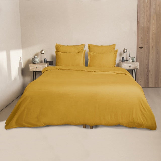 Housse de couette 200x200 satin de coton jaune moutarde