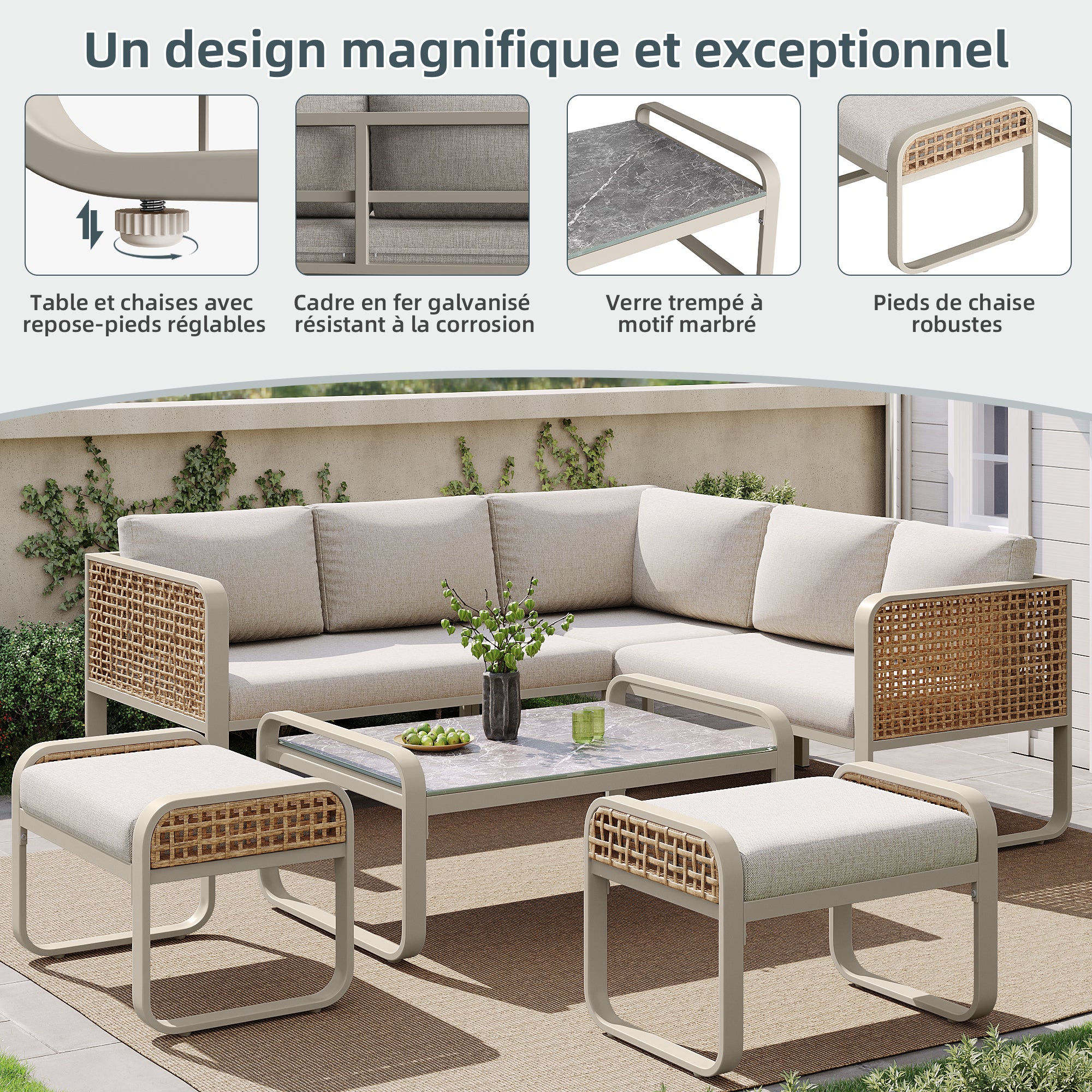 Salon de jardin d'extérieur en rotin PE pour 6-7 personnes, Canapé d'angle avec Coussins et Table Basse - acier galvanisé - Pieds Réglables, beige - 2
