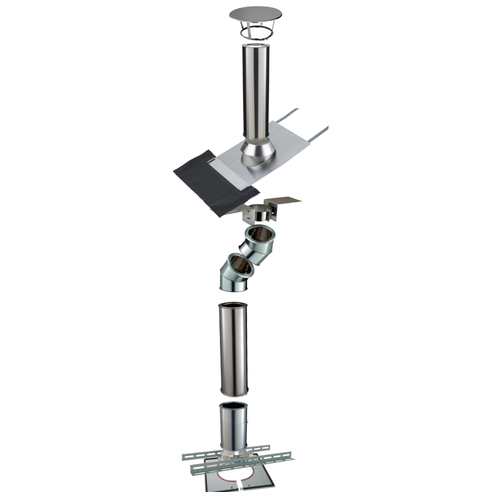 Kit conduit isolé sortie toiture avec dévoiement Inox-Galva et Inox-Inox Ø150 Poujoulat - Déport 21 cm / Longueur 286 cm - 2