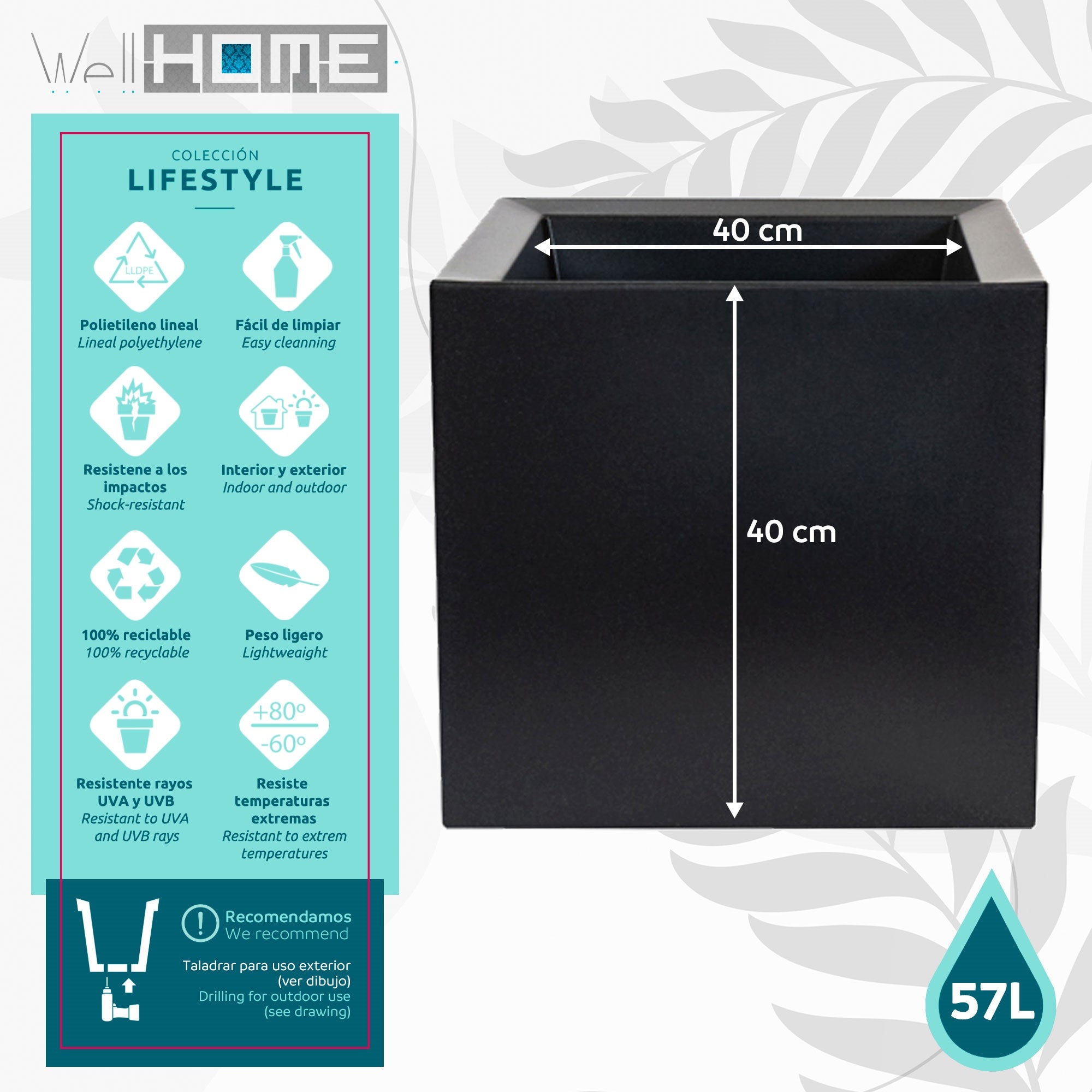 Pot de fleurs en plastique 57 L, seau Dan-i 40 x 40 cm, anthracite - 2