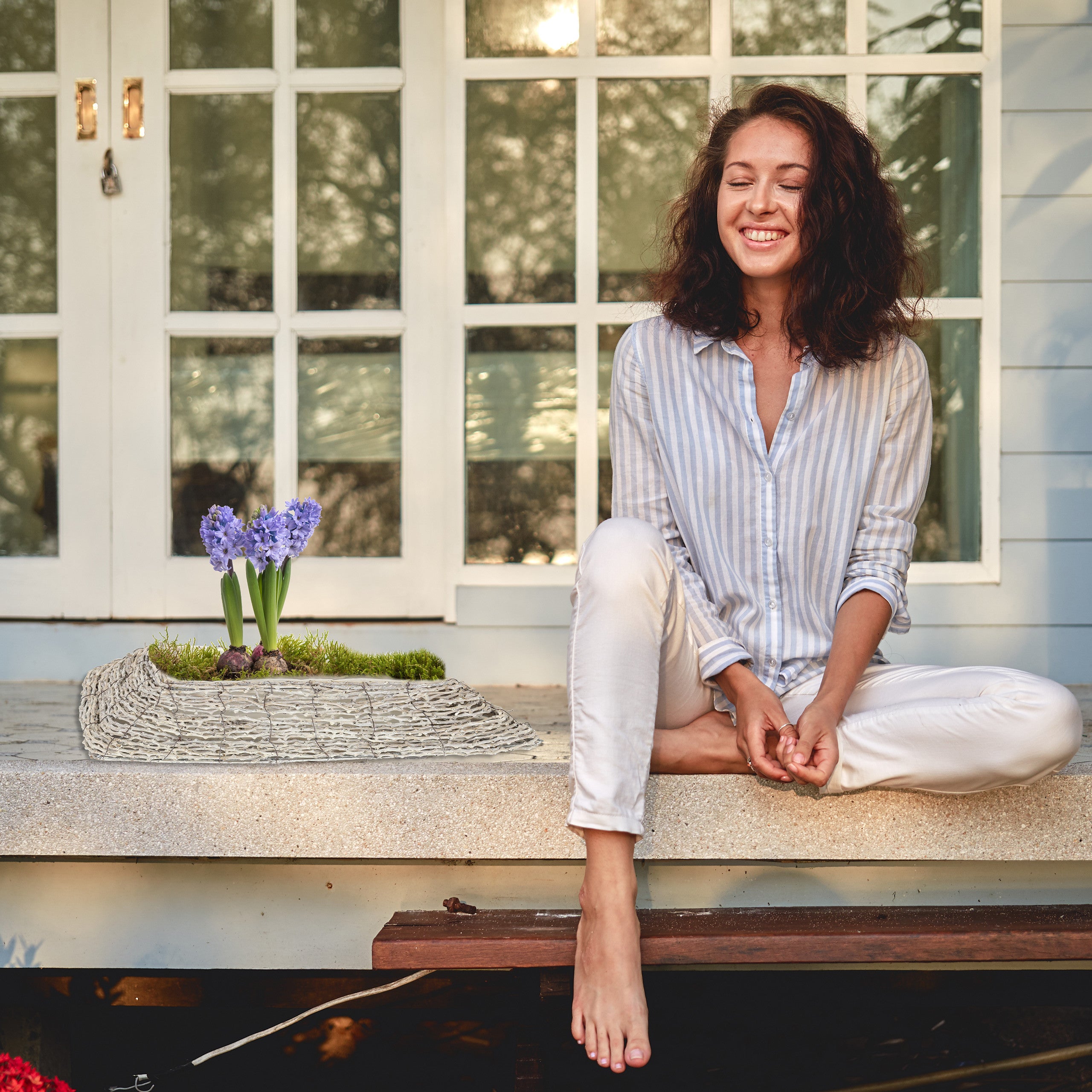 Relaxdays Vasi per Fiori, Set da 2, Fioriere in Rattan con Rivestimento, per Interni, 10 x 55 x 25 cm, Bianco Naturale - 5