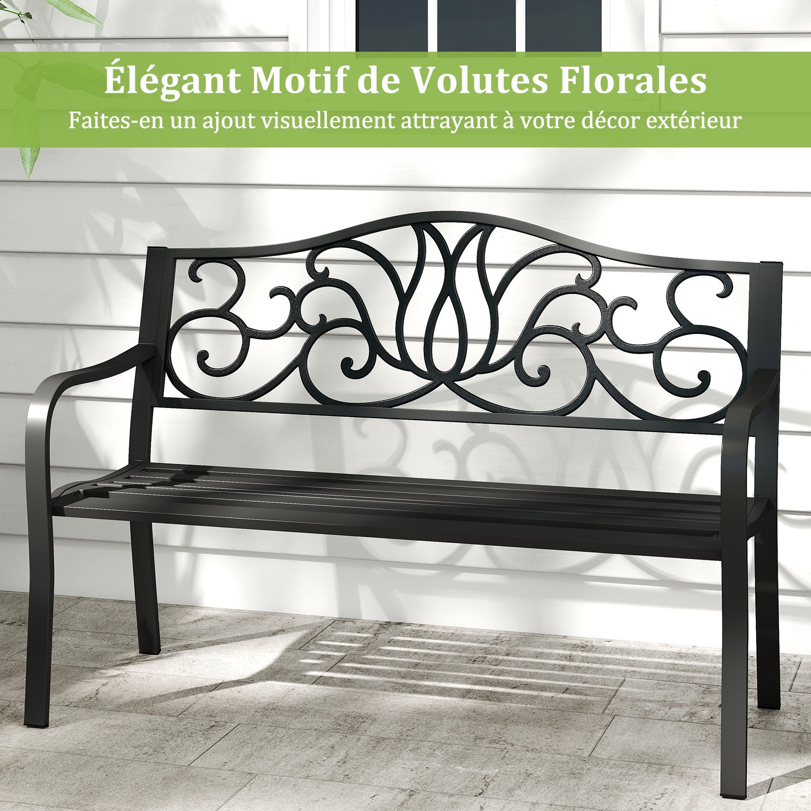 Banc de Jardin 127CM pour 2-3 Personnes, en Fonte avec Dossier à Motif Floral et Siège à Lattes, Banc de Patio avec Accoudoirs, Noir - 3