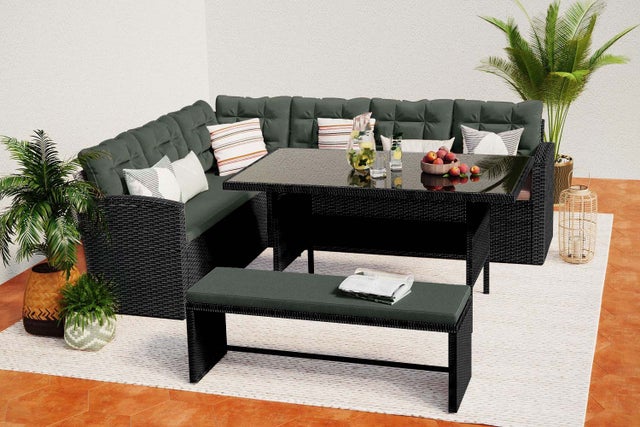 Salon de jardin 8 places en résine anthracite et coussins verts MOOREA