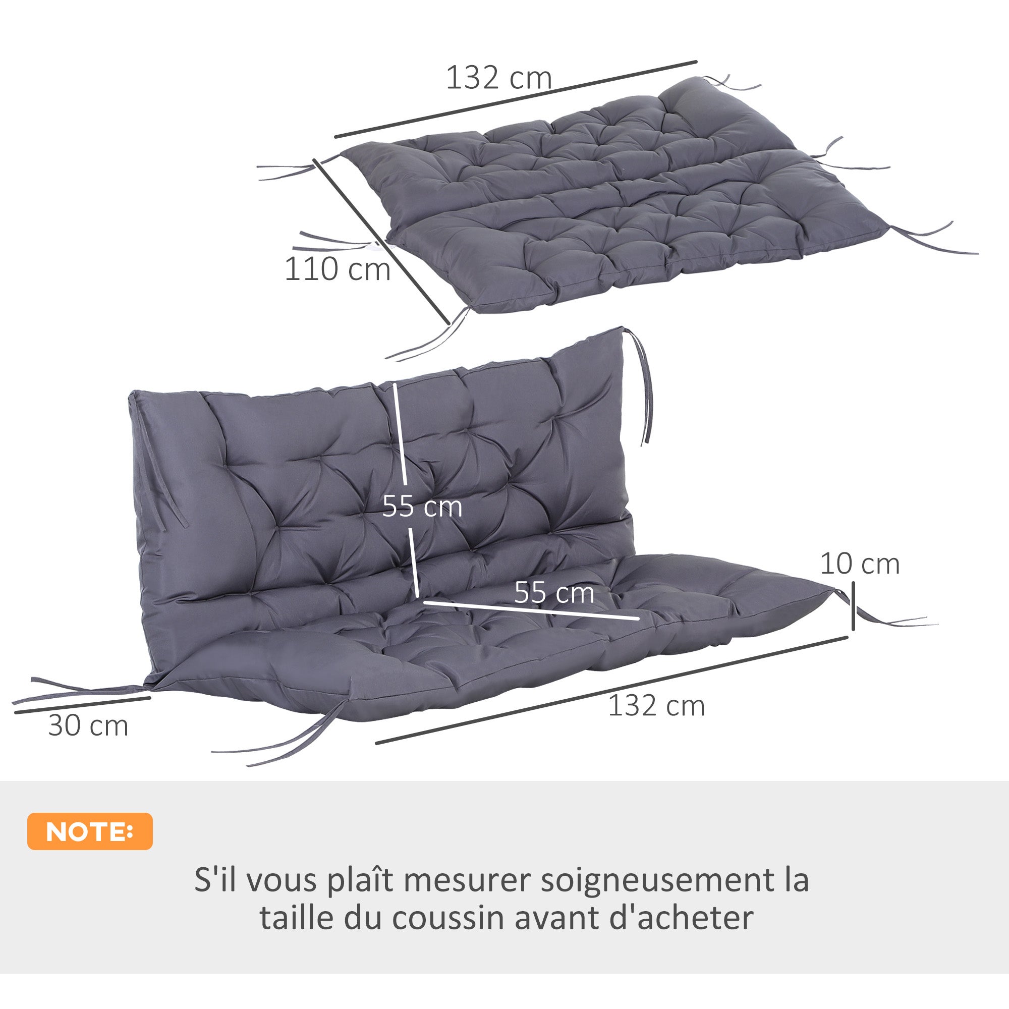 Coussin d'assise et dossier tissu 2 places gris Outsunny - 3