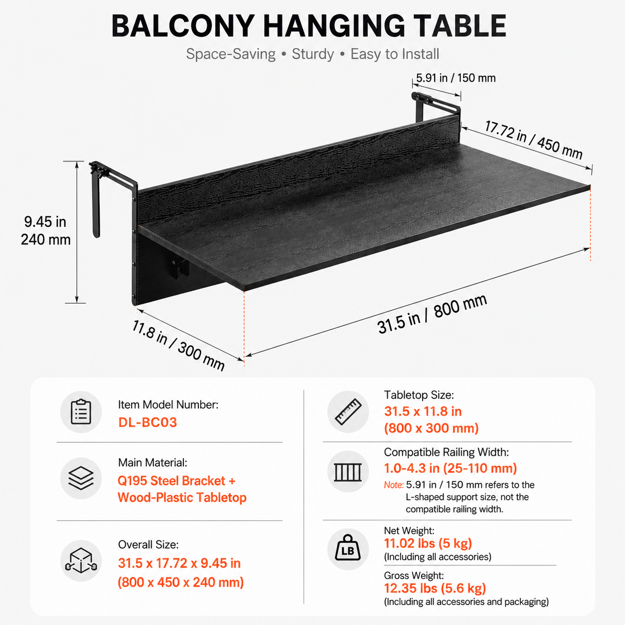 Table Suspendue VEVOR de Balcon Pliante, Plateau 800 x 300 mm, Support Réglable 25-110 mm, Structure Q195, Plastique Bois, Patio - 6
