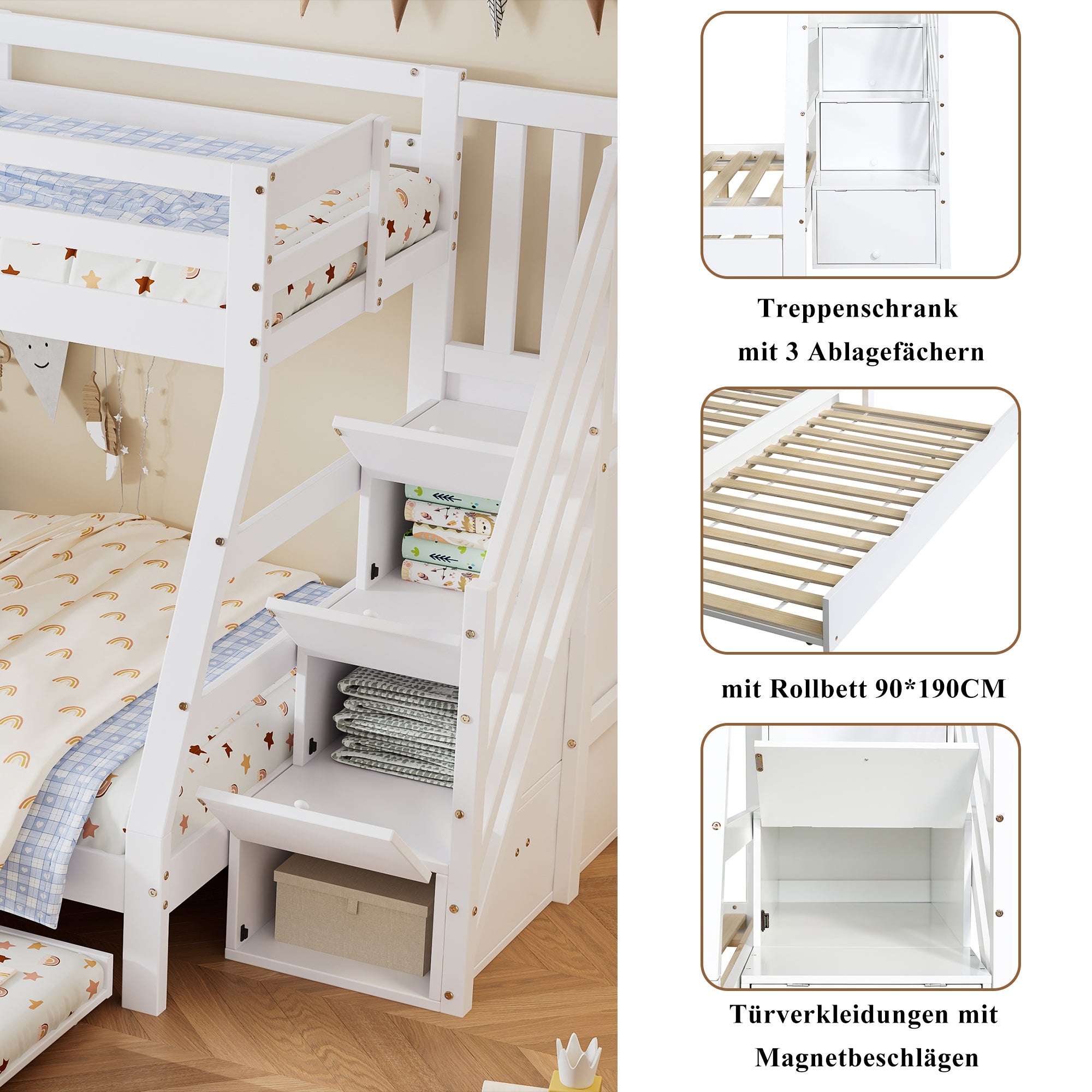 Letto a castello 90/120x200CM con letto estraibile, letto per bambini con scaletta, armadio e corrimano, bianco - 6