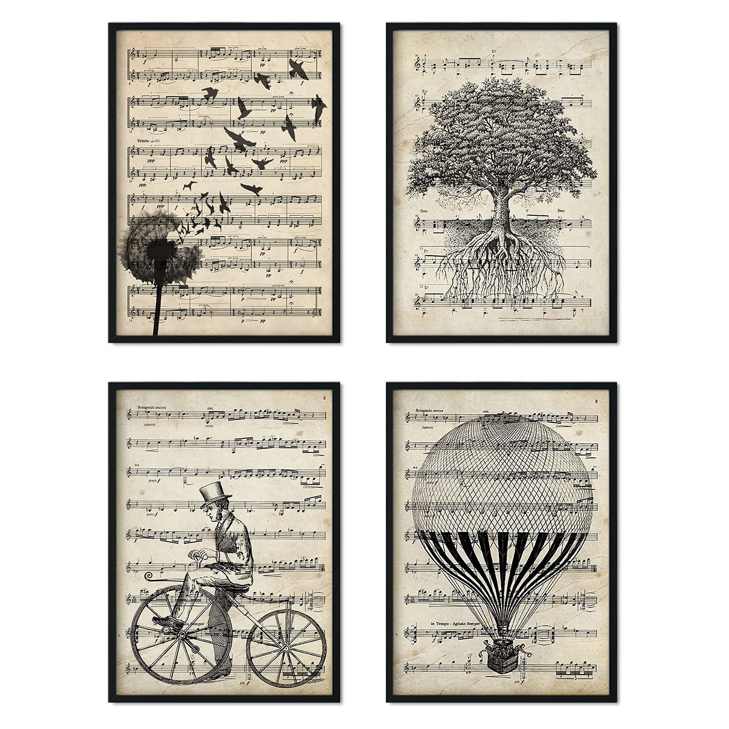 Nacnic set 4 láminas vintage partituras musicales arbol vida, bicicleta, diente de leon y globo antiguo sin marco - a4