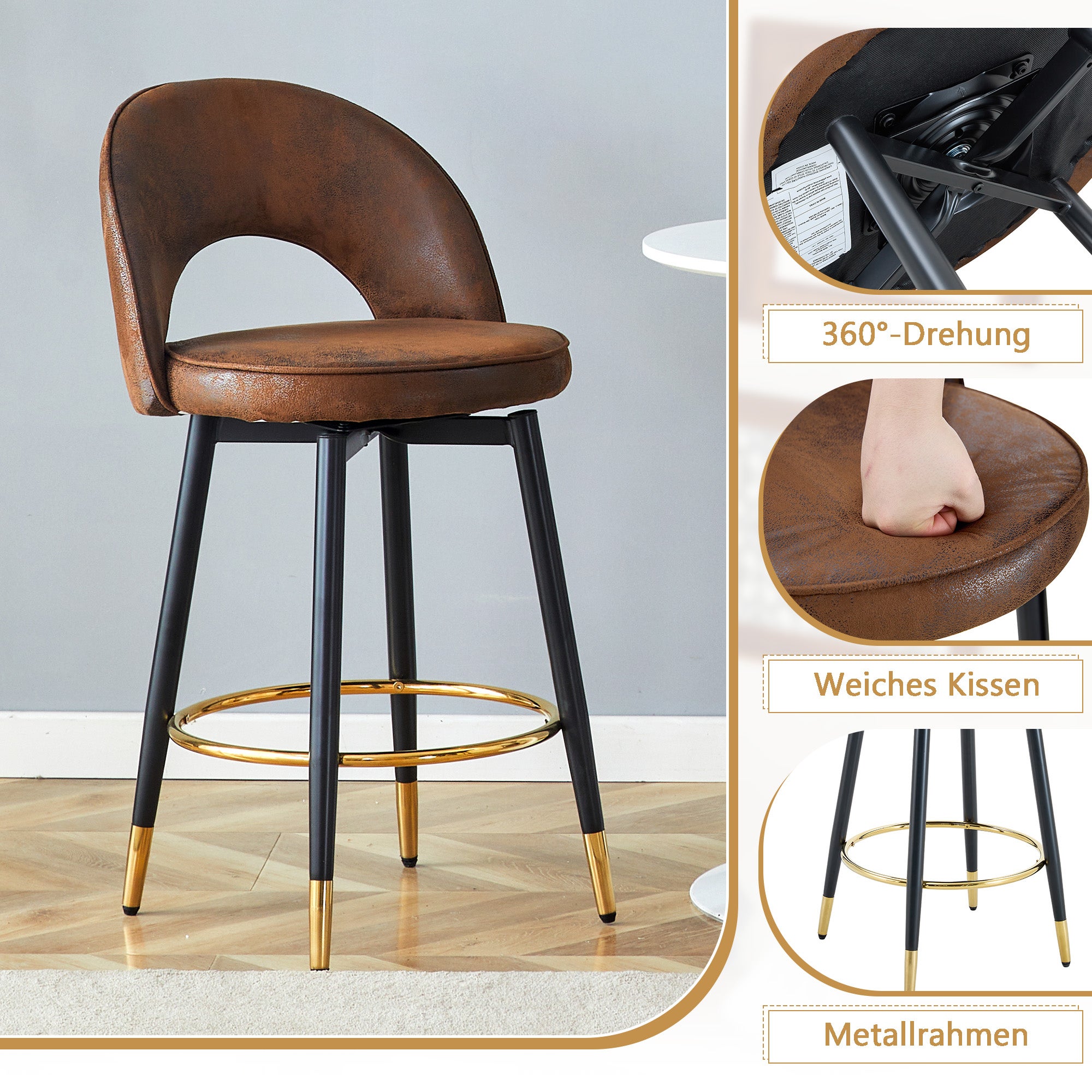 Lot de 2 Tabourets chaise de bar Pivotants à 360° Brun, Chaise salle a manger avec Dossier Ajouré, Chaise de salon Structure Métallique, Tissu en PU - 4