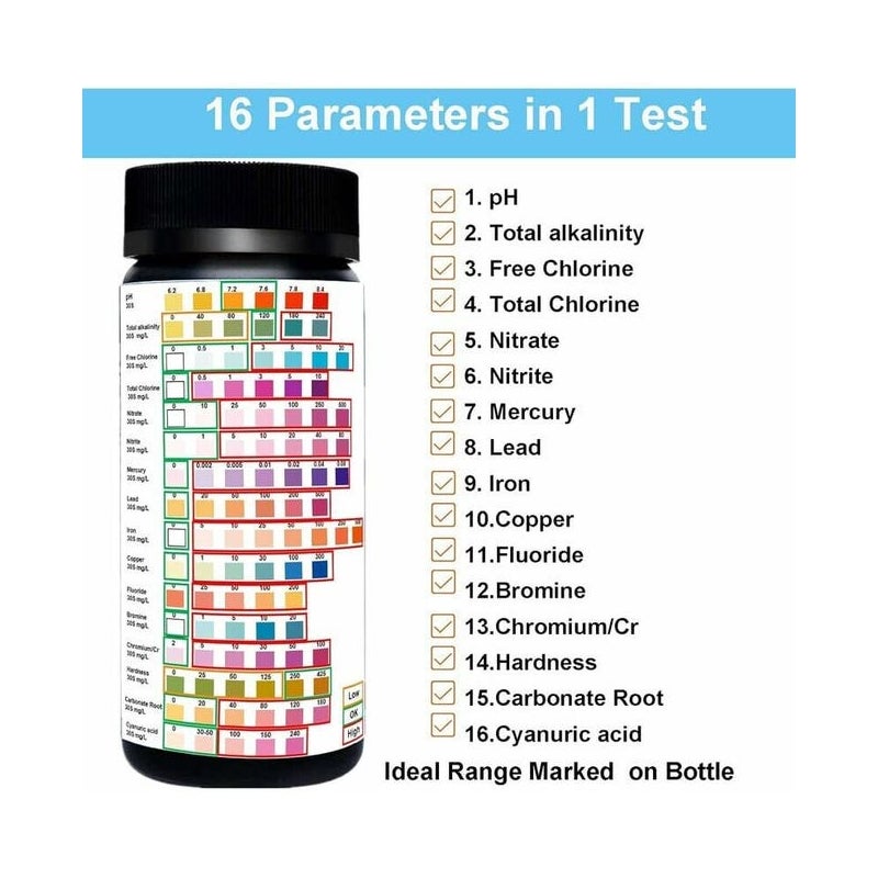Zestaw do badania wody 16 w 1 – analizuje pH, twardość, chlor, ołów, azotany – do wody pitnej, wody z kranu, wody studziennej