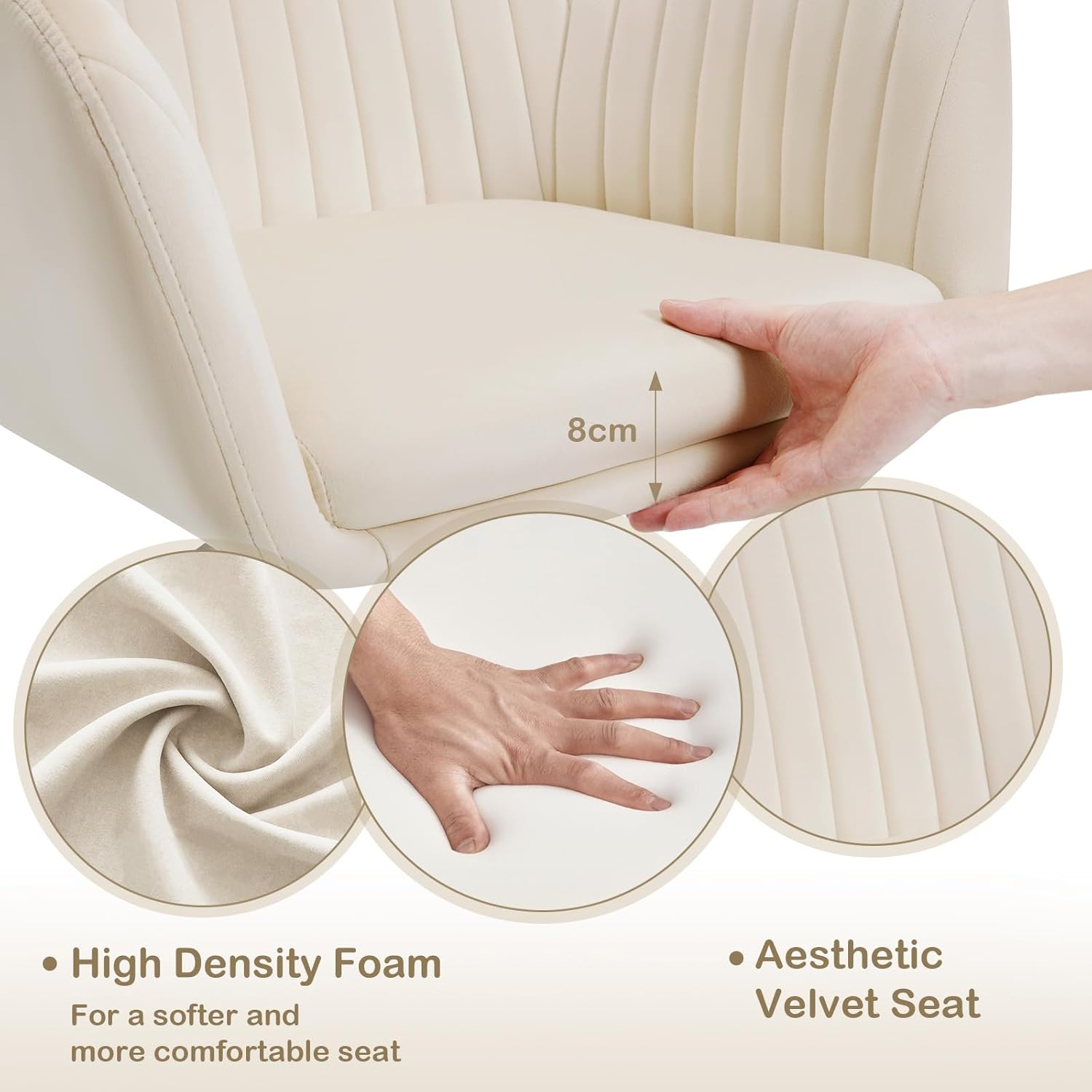 Chaise Bureau Velours WOLTU, Chaise Coiffeuse Réglable en Hauteur, Fauteuil de Bureau Ergonomique, Fauteuil Pivotant, Beige - 5