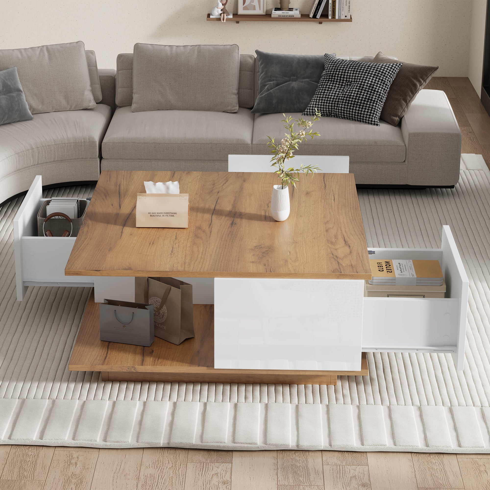 Table basse 70x70x31.5 cm - 3 tiroirs - Plateau carré - Panneaux de particules - Blanc + Naturel - 4
