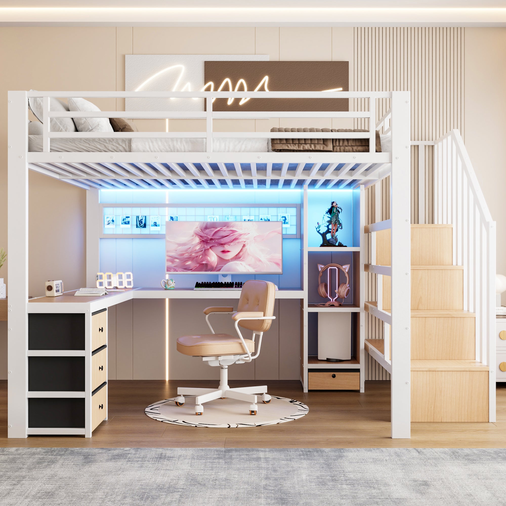 Lit mezzanine 140 x 200 cm avec bureau intégré, Lit adulte structure en fer avec penderie LED, 4 tiroirs et escalier de rangement, sans matelas, Blanc - 5