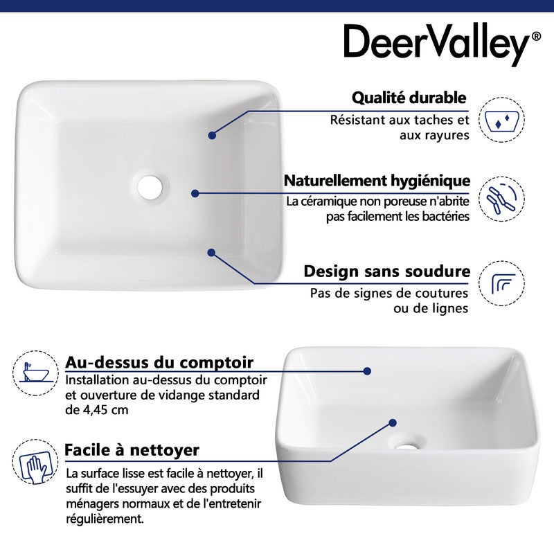Vasque à Poser Salle de Bain - Vasque à Poser Rectangulaire en Céramique Blanc - 48 x 37.5 x 13.5cm, DeerValley - 4