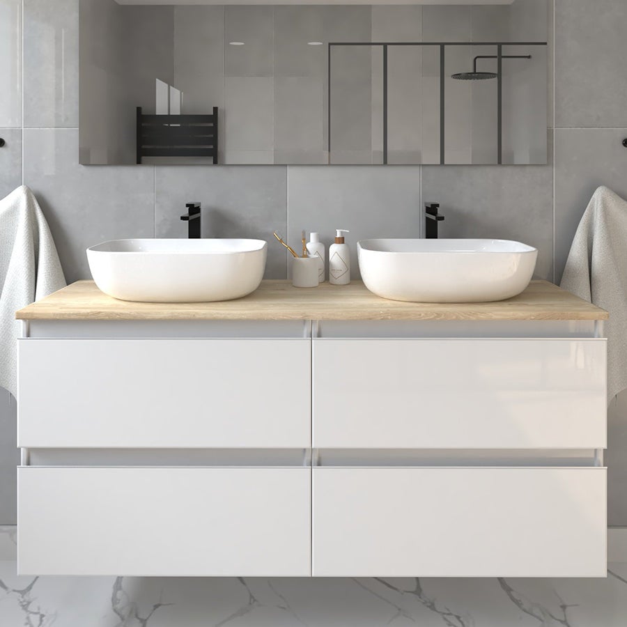 Meuble de salle de bain avec vasques à bords arrondies BALEA et miroir avec appliques - Blanc - 120cm - 2
