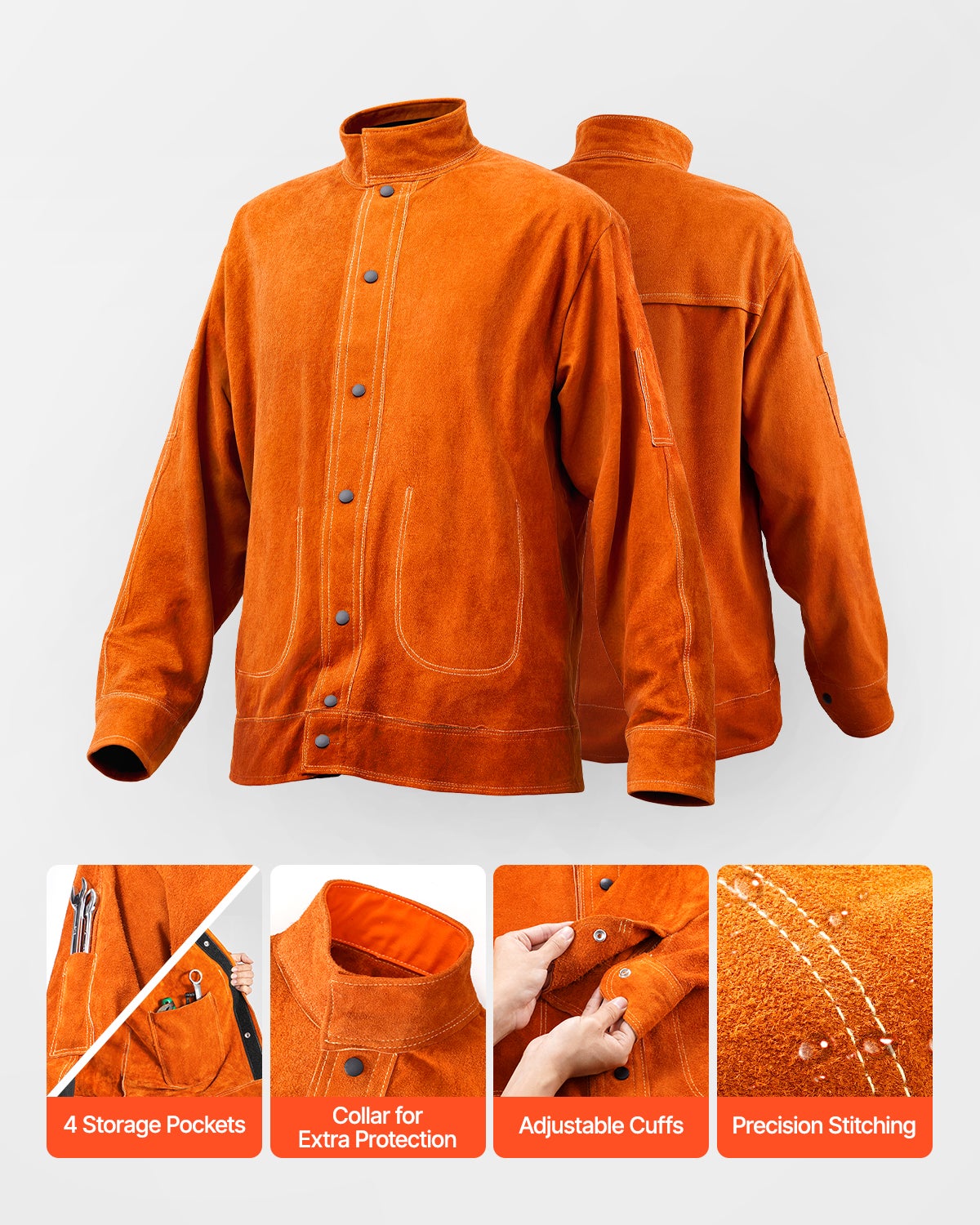 Jaqueta soldagem antichama,VEVOR tamanho M,couro,impermeável térmica,botões pressão,4 bolsos,ajustáveis,ideal para soldadores e instaladores - 5