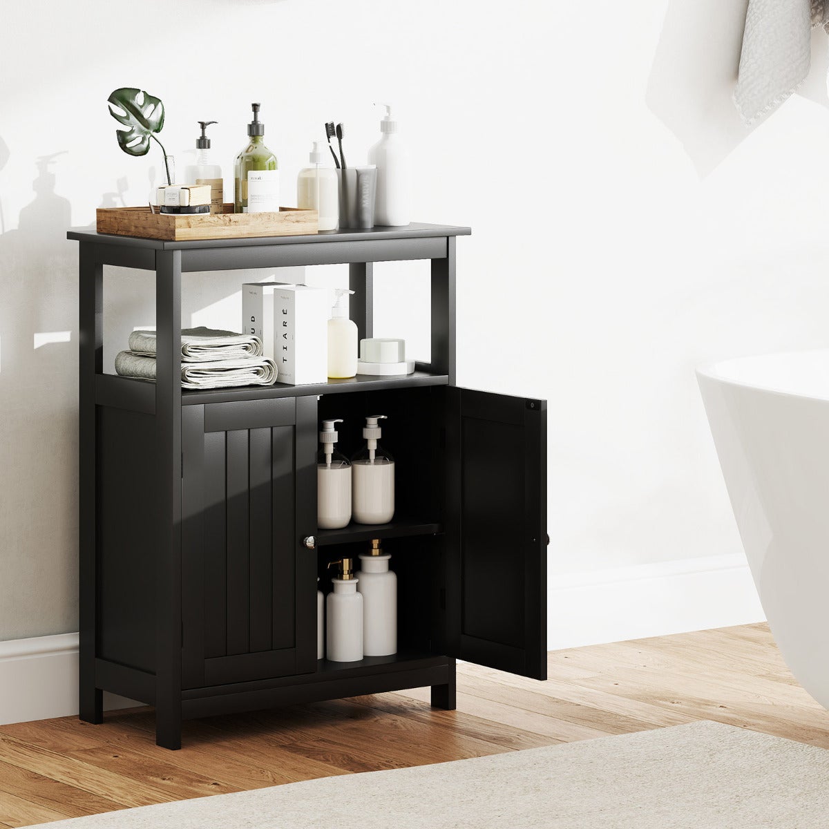 Mueble de suelo con 2 puertas y estante regulable organizador multifuncional negro para baño