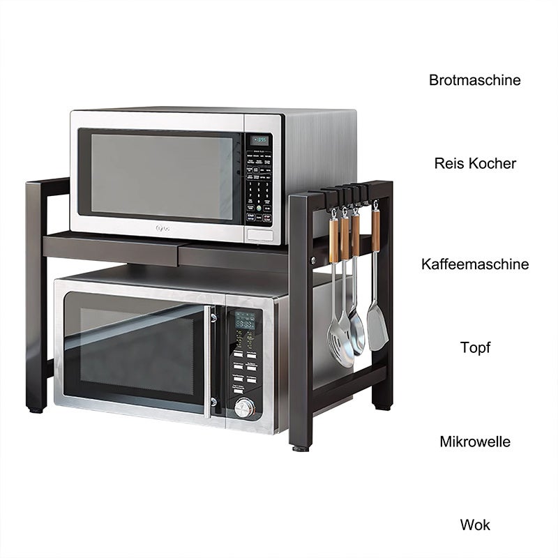 Étagère de Cuisine 2 Niveaux Structure Noireavec 6 crochets – Rangement Micro-ondes et Appareils Multifonction Renforcé - 40-64 cm - 5