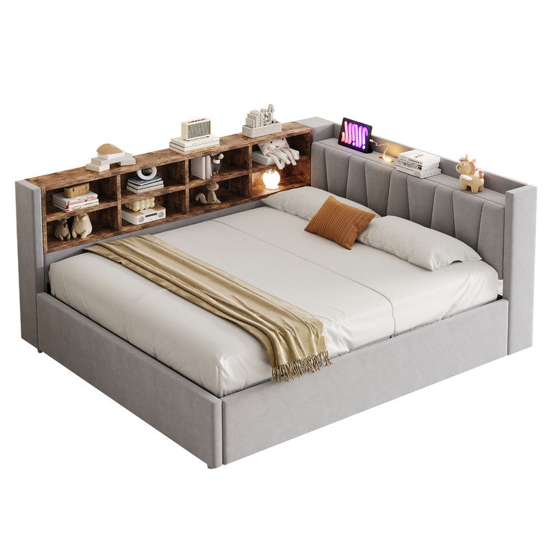 Tapicerowana sofa rozkładana 140 x 200 cm - z oświetleniem LED - z portami ładowania USB + Type-C - jasnoszara (materac nie jest wliczony w cenę) - 2
