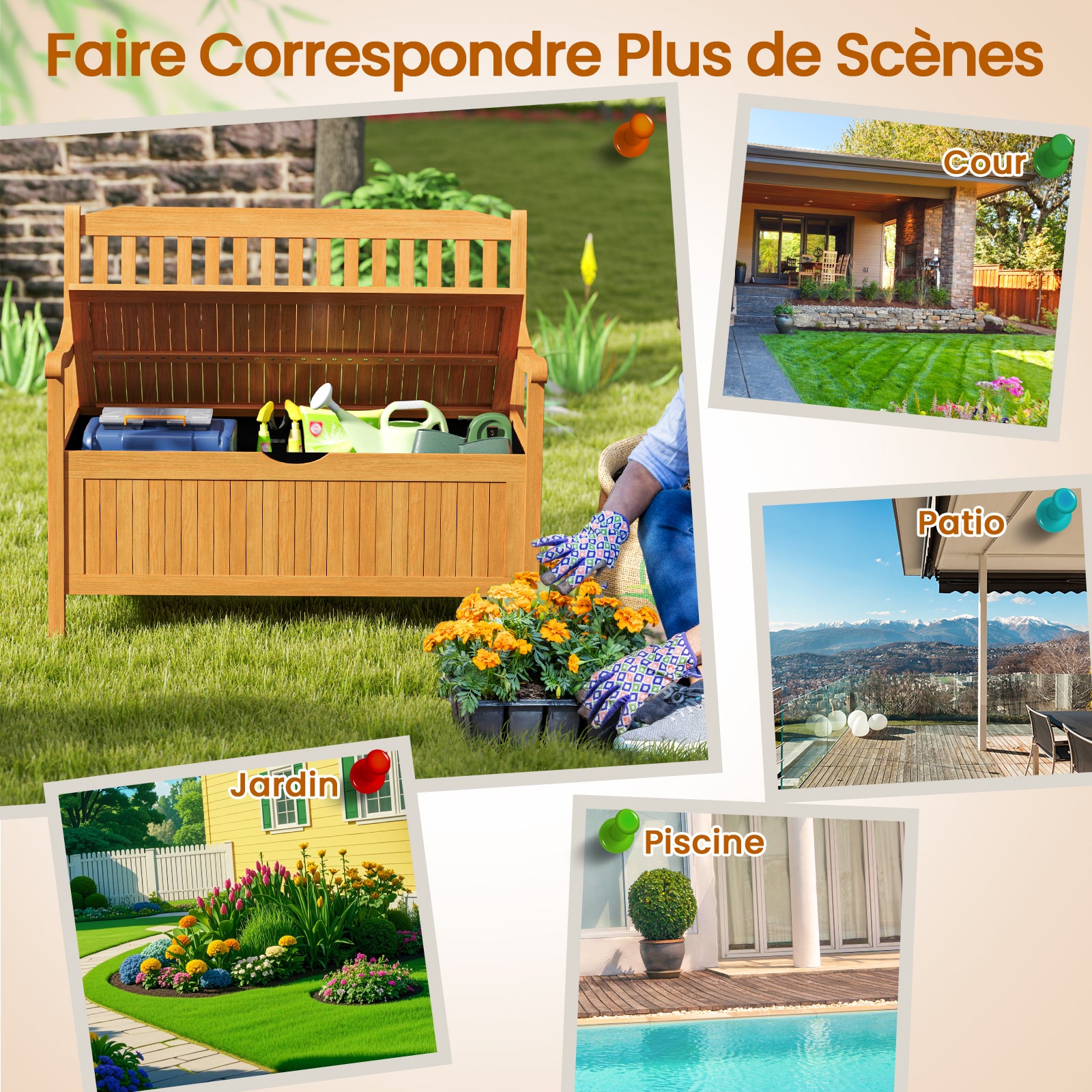 Banc de Jardin en Bois d'Acacia 107 x 59 x 90cm, Banc Coffre Extérieur 2 Places avec Boîte de Rangement, Coffre Jardin 125L, Charge Max 360 kg - 7