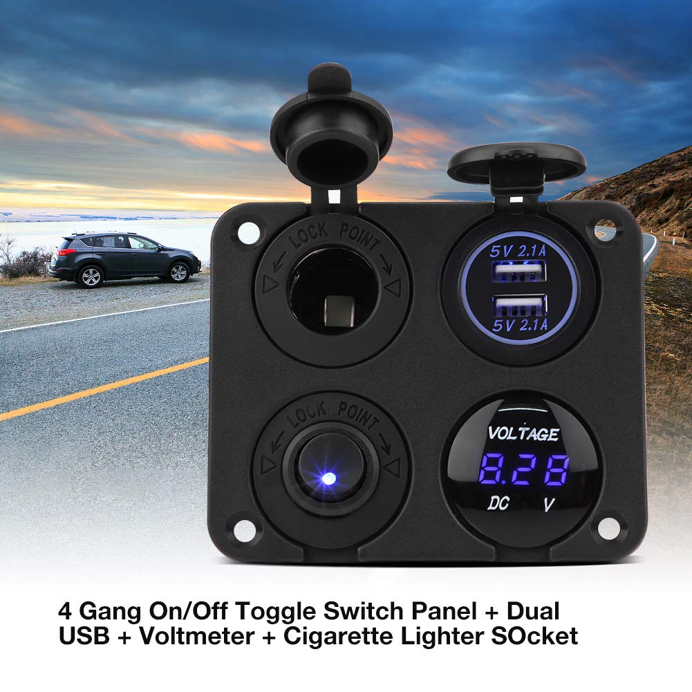 Panneau D'Interrupteurs 4 Groupes 12V/24V Avec USB, Briquet Et Voltmètre - Lumière Verte Pour Voiture, Bateau, Caravane