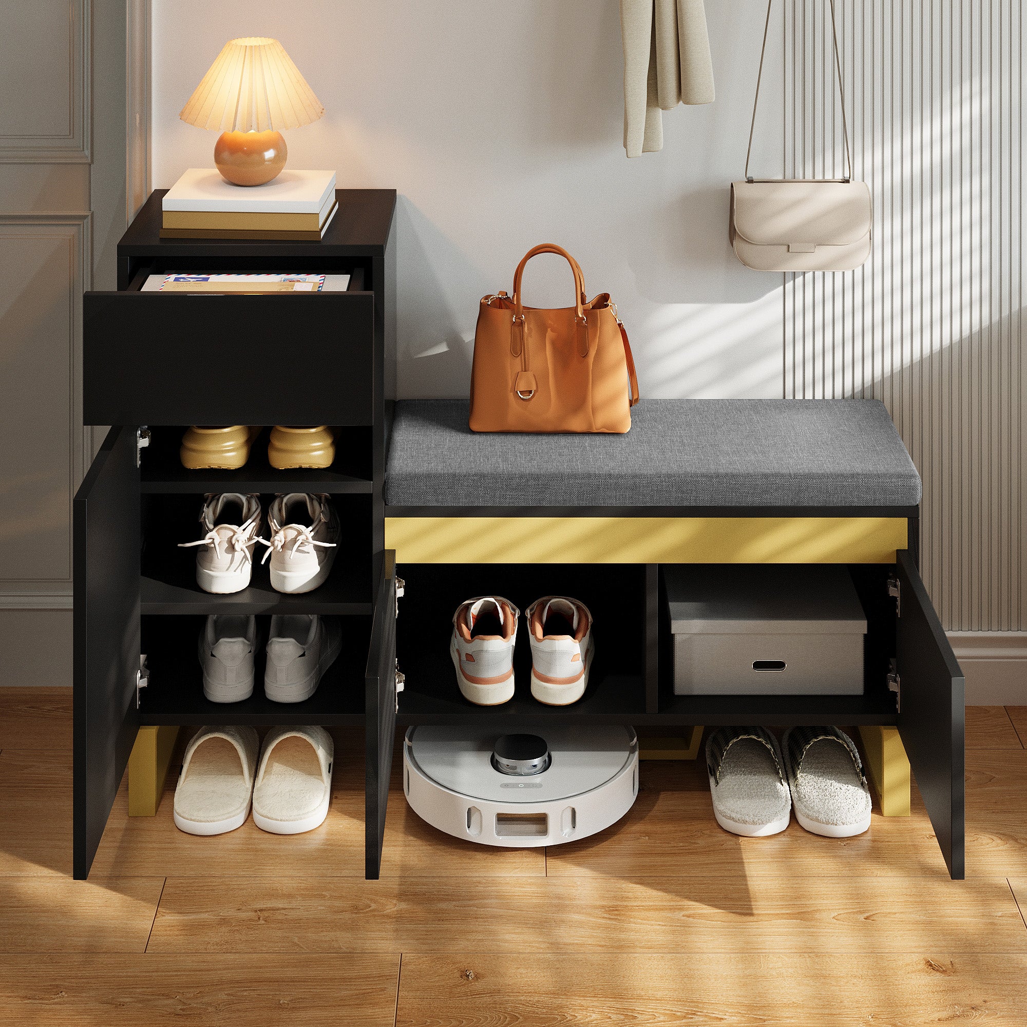 Szafa na buty 120x35x85 cm - 1 szuflada i 3 fronty - z pikowaną ławką na buty - Czarny - 2