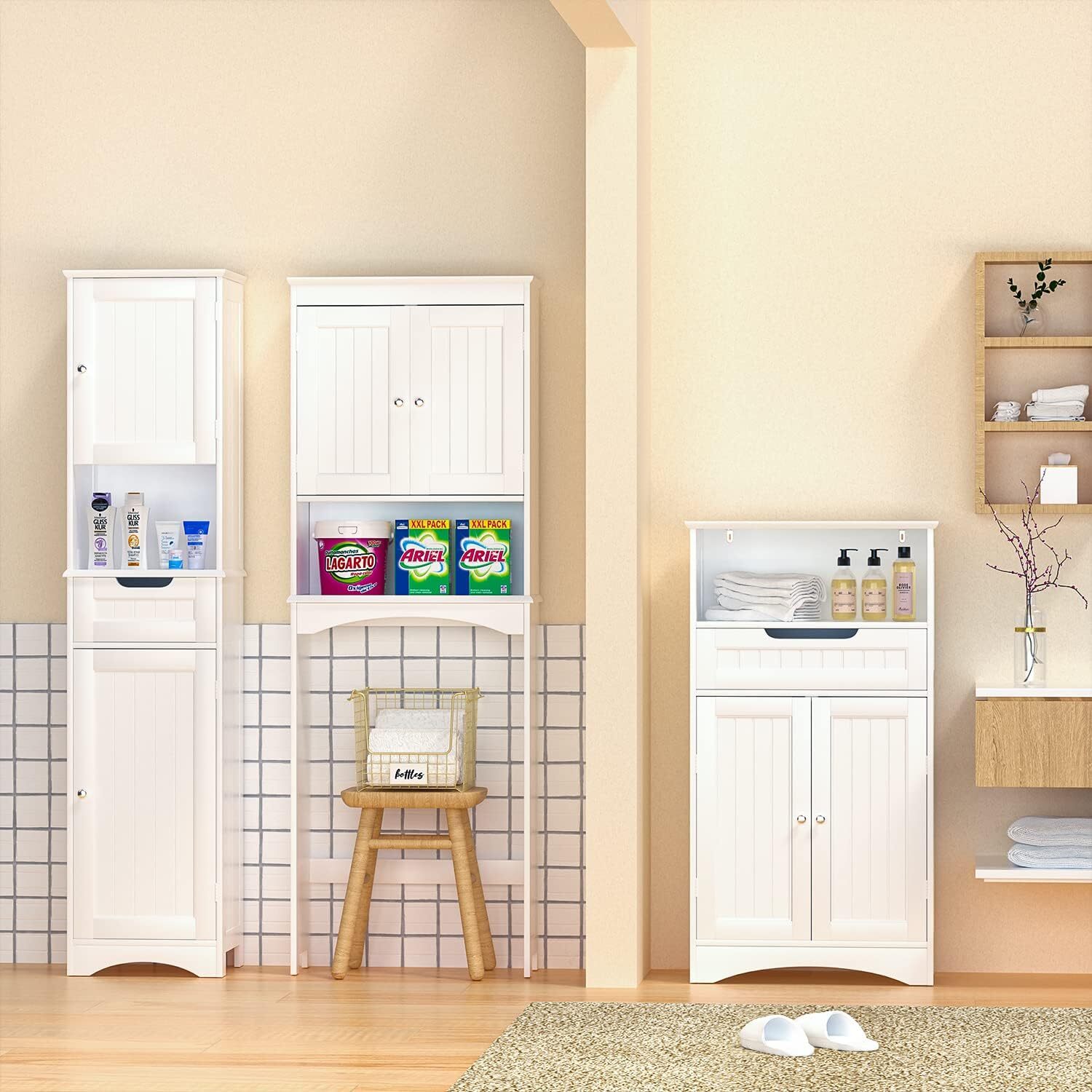Mobile Bagno Mobile Basso con Piedini 4 Ripiani 2 Ante 1 Ripiano Regolabile 1 Cassetto Bealife - 5