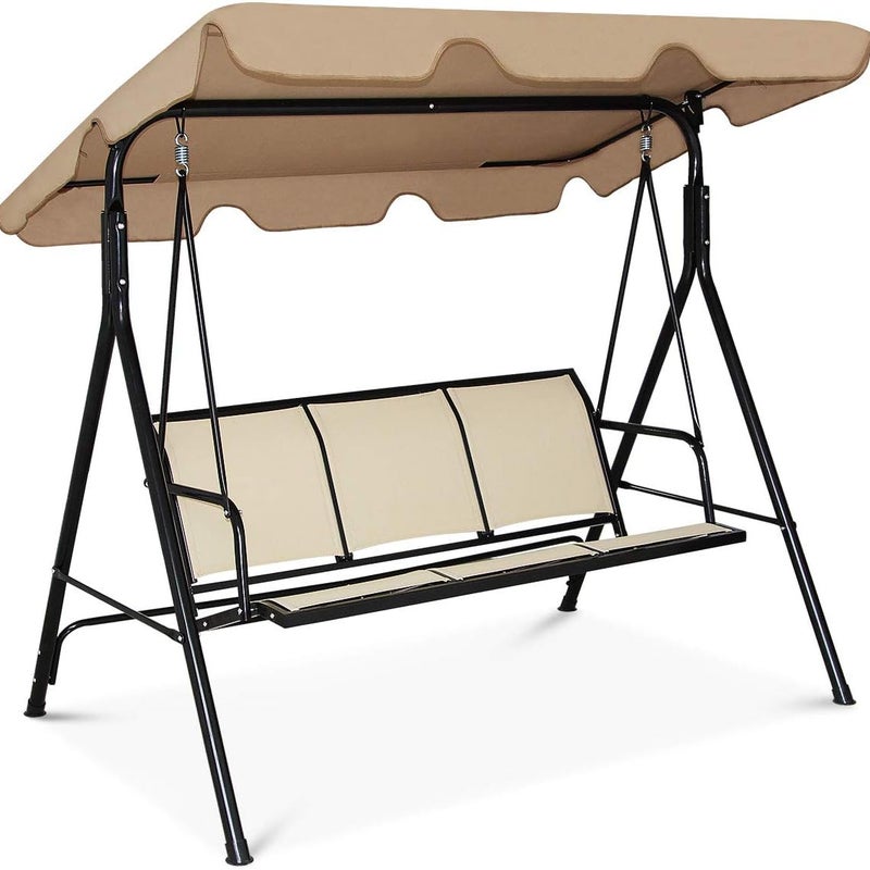 Huśtawka Ogrodowa 3-Osobowa 170 x 120 x 153 cm – z Regulowanym Daszkiem – Huśtawka Ogrodowa z Tkaniny Tekstylenowej – Stalowa Rama – Brązowa